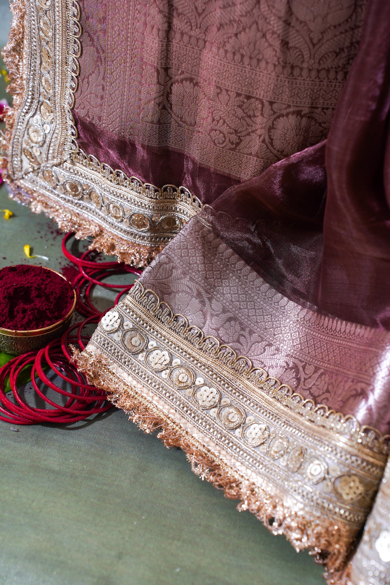 Dusty Mauve Banarasi Pure Tissue Silk Saree with Sequined Lace Border