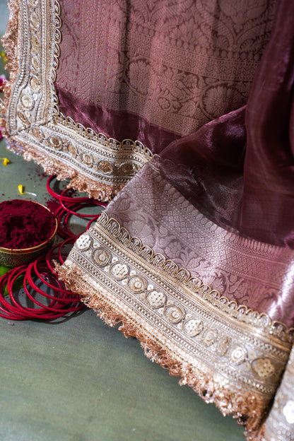 Dusty Mauve Banarasi Pure Tissue Silk Saree with Sequined Lace Border