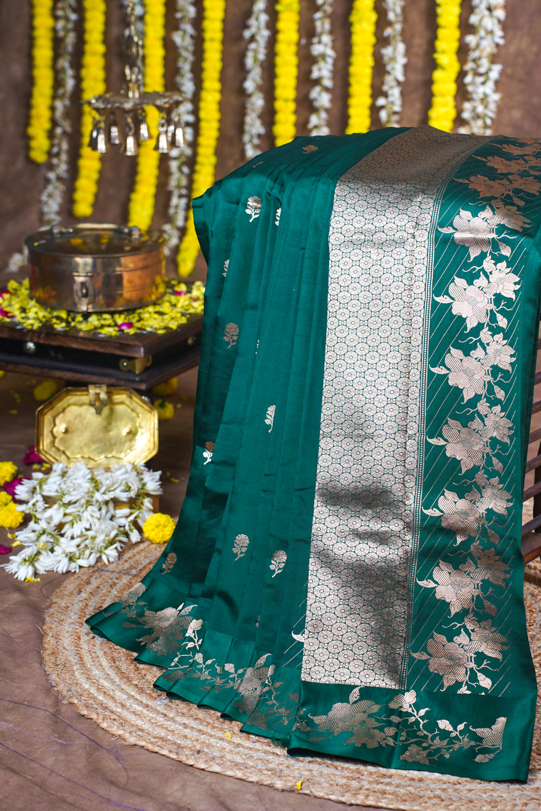 Bottle Green Handloom Banarasi Mango Katan Silk Saree