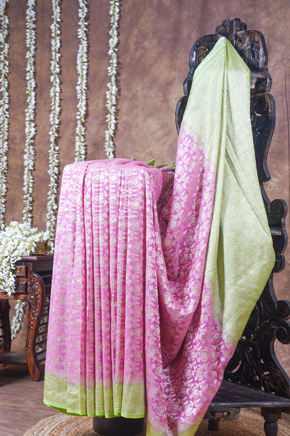 Pink &amp; Pista Green Pure Khaddi Georgette Brocade Banarasi Saree