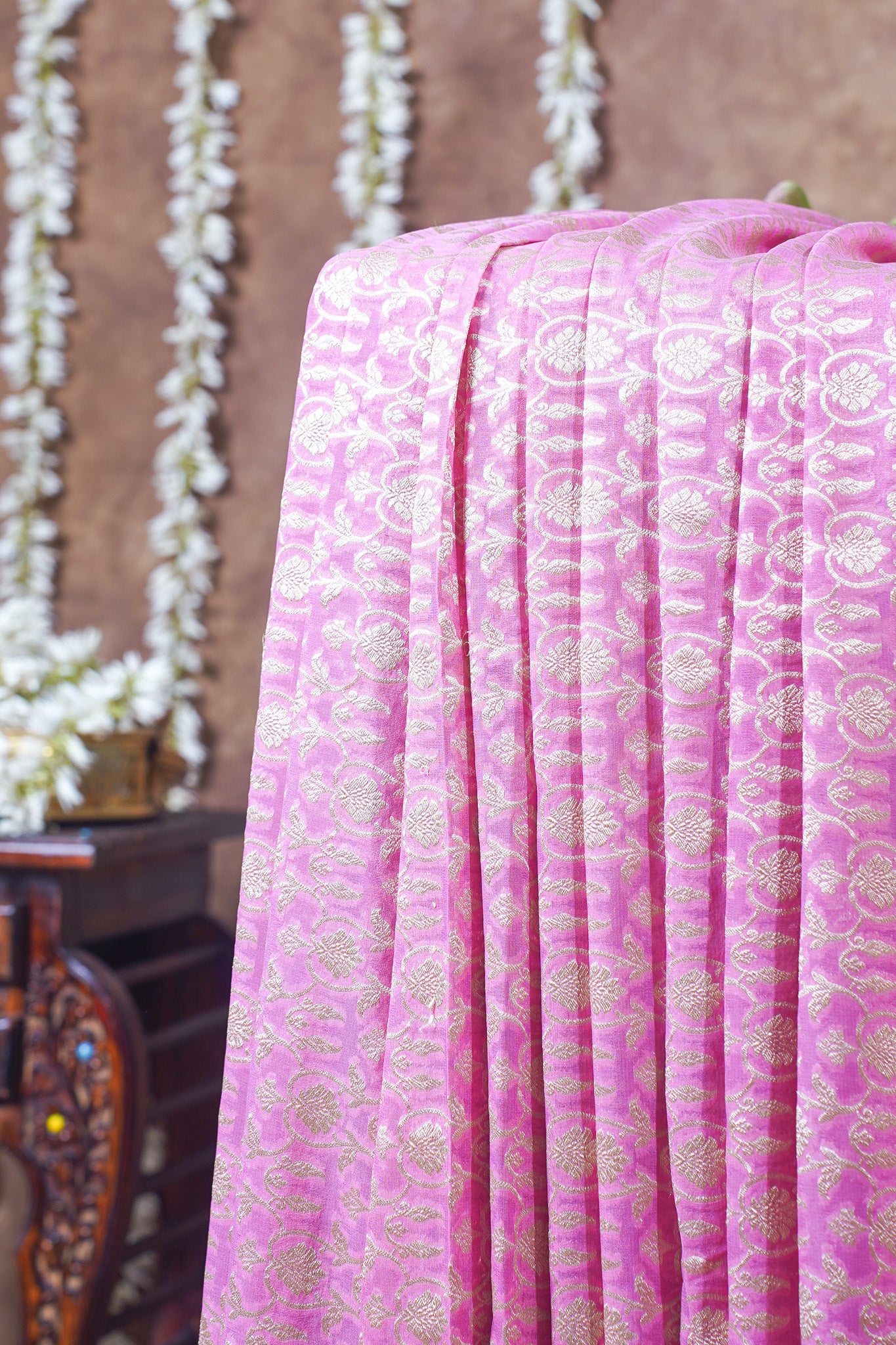 Pink &amp; Pista Green Pure Khaddi Georgette Brocade Banarasi Saree