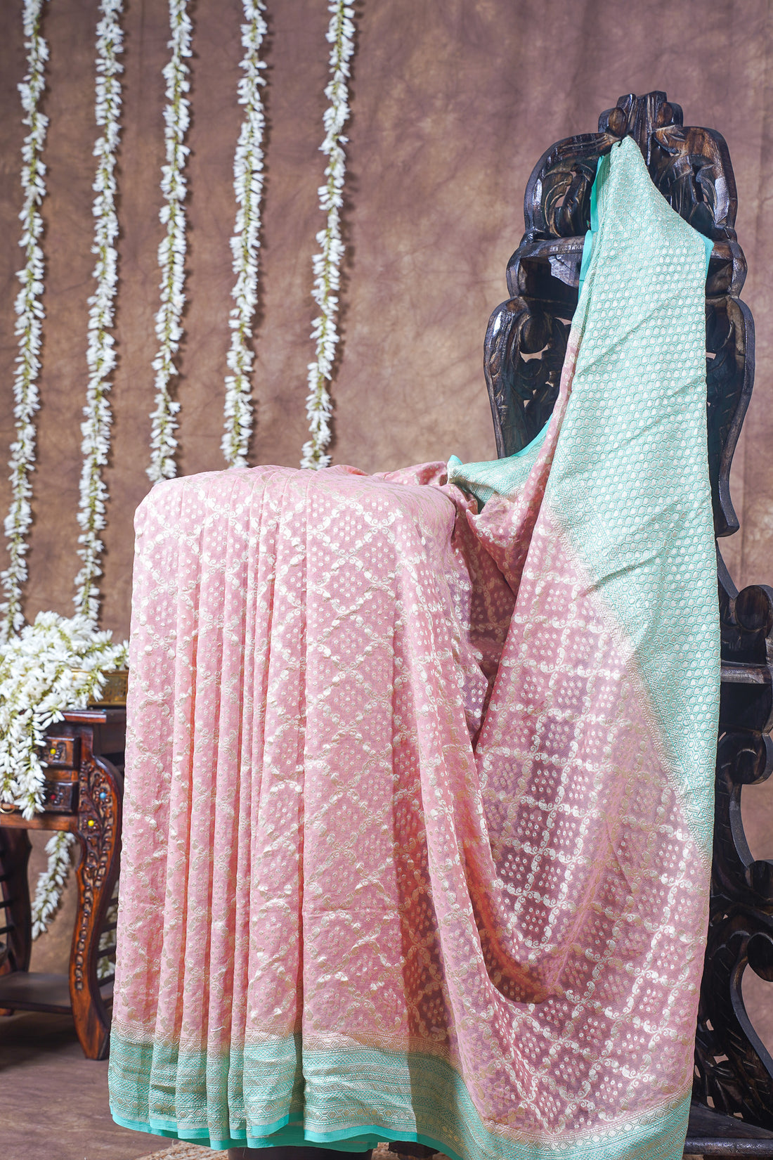 Pastel Pink Pure Khaddi Georgette Brocade Banarasi Saree