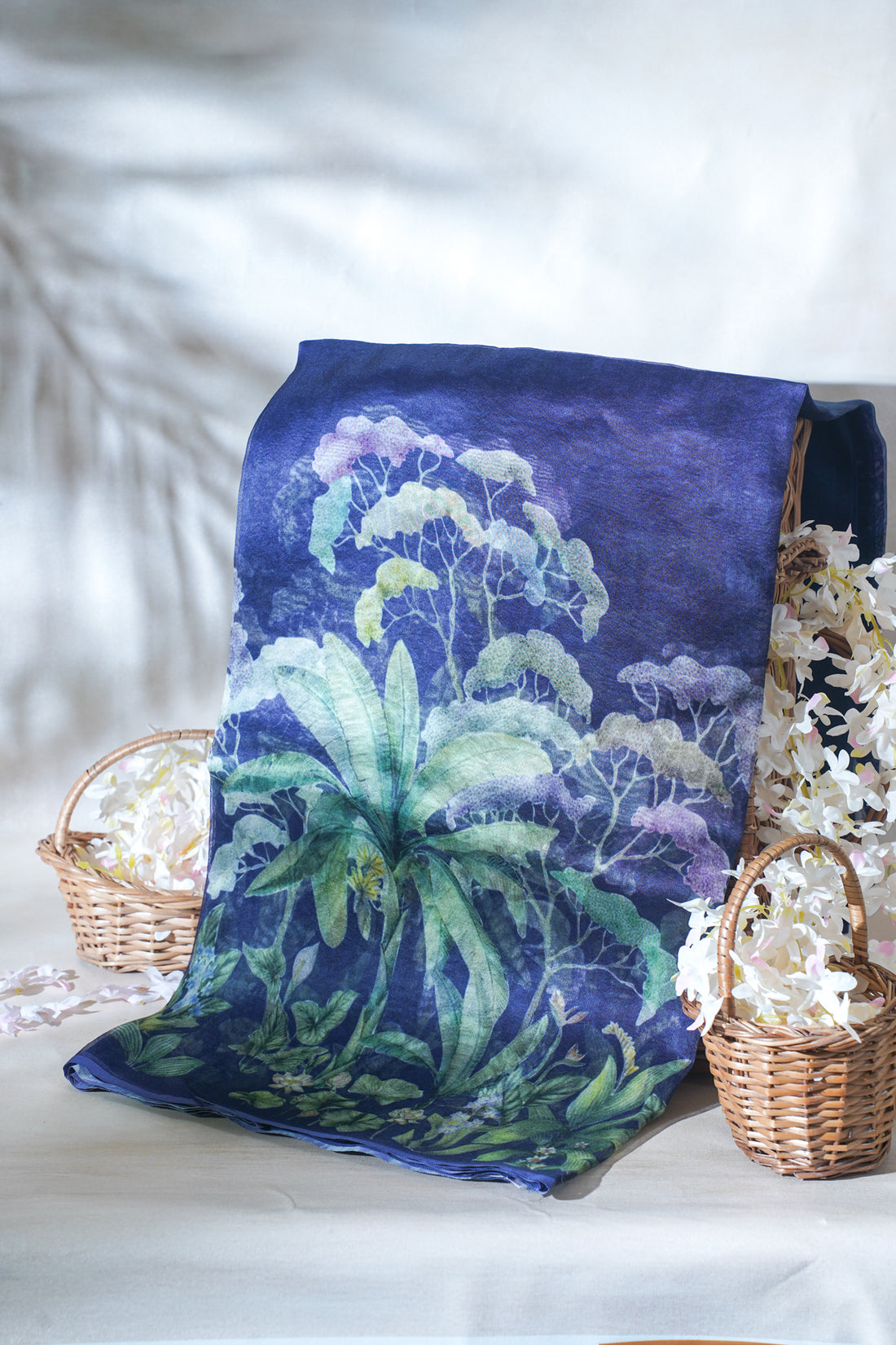 Midnight Blue Pure printed Kora organza silk saree