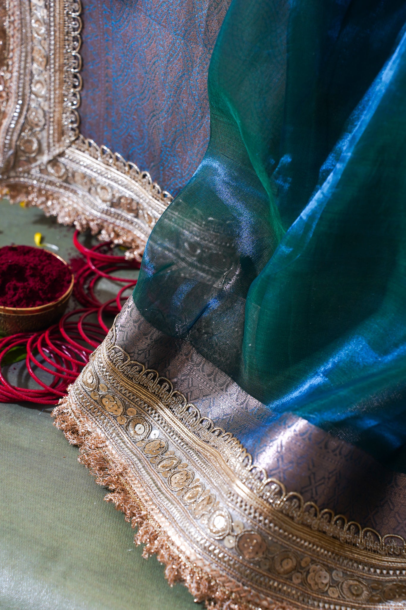 Sea Green Banarasi Pure Tissue Silk Saree with Sequined Lace Border