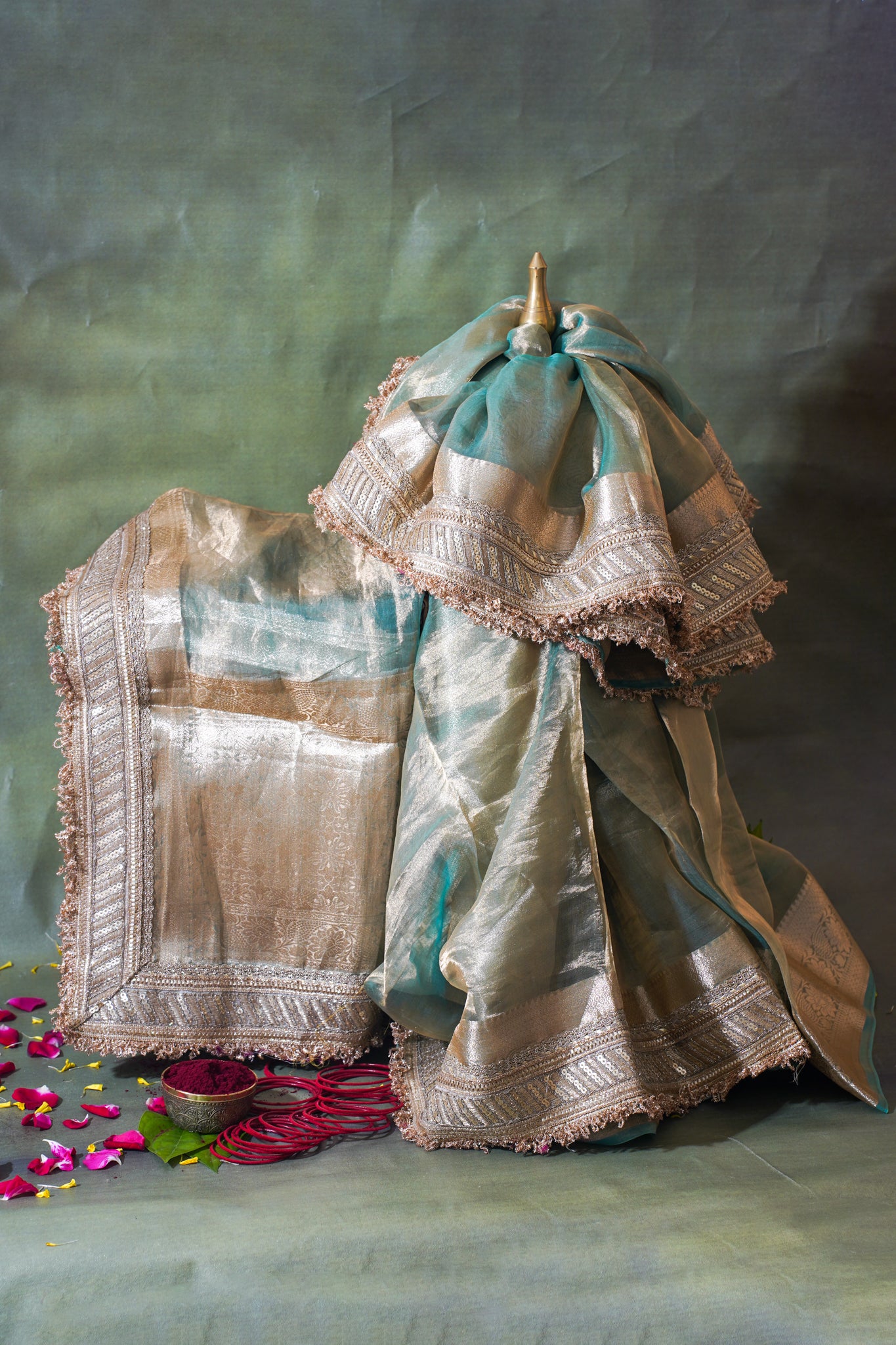 Mint Green Banarasi Pure Tissue Silk Saree with Sequined Lace Border