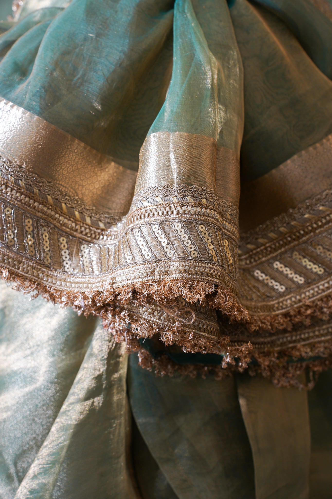 Mint Green Banarasi Pure Tissue Silk Saree with Sequined Lace Border