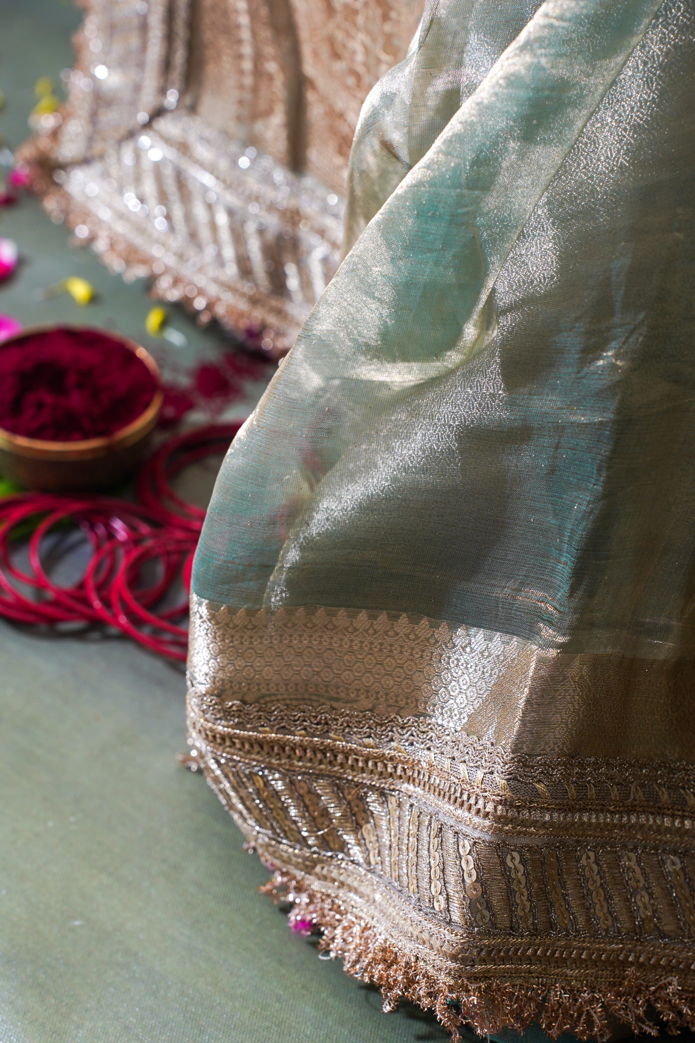 Mint Green Banarasi Pure Tissue Silk Saree with Sequined Lace Border