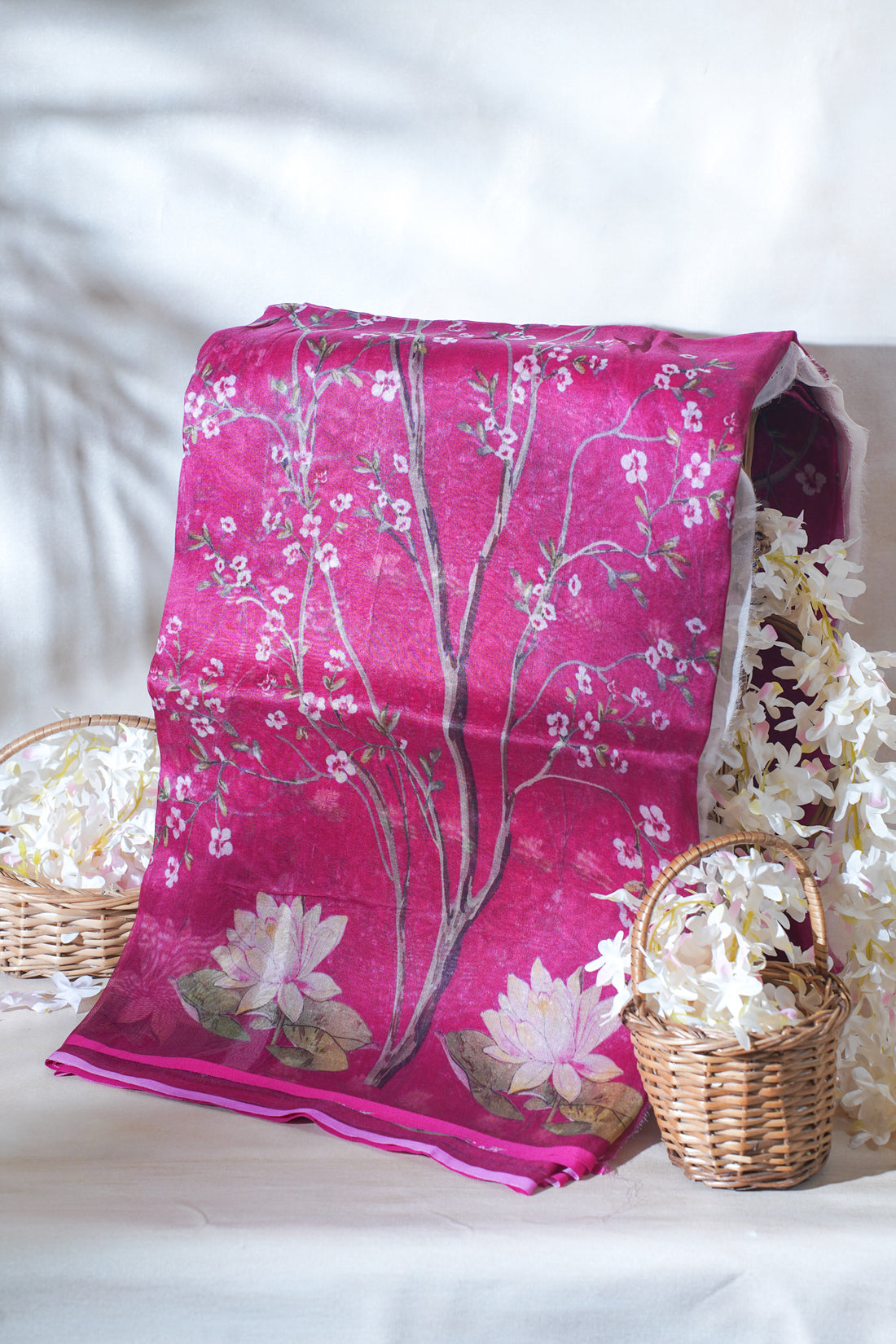 Magenta-Pink Pure printed Kora organza silk saree