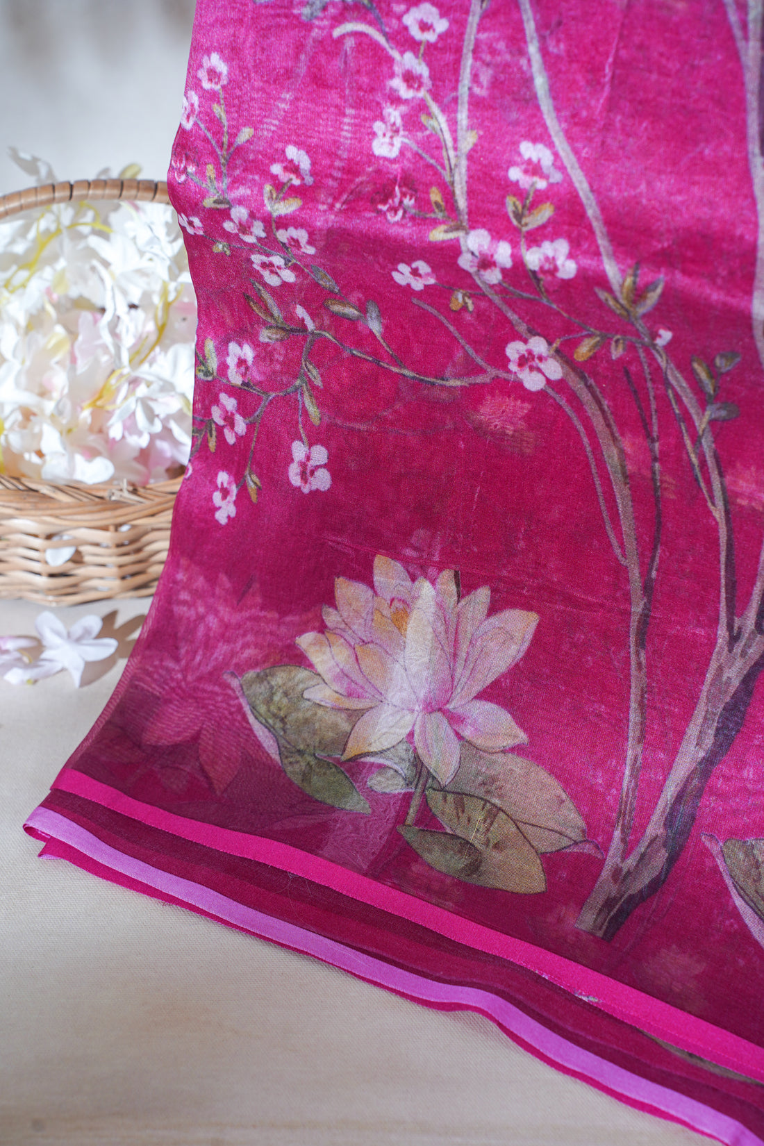 Magenta-Pink Pure printed Kora organza silk saree
