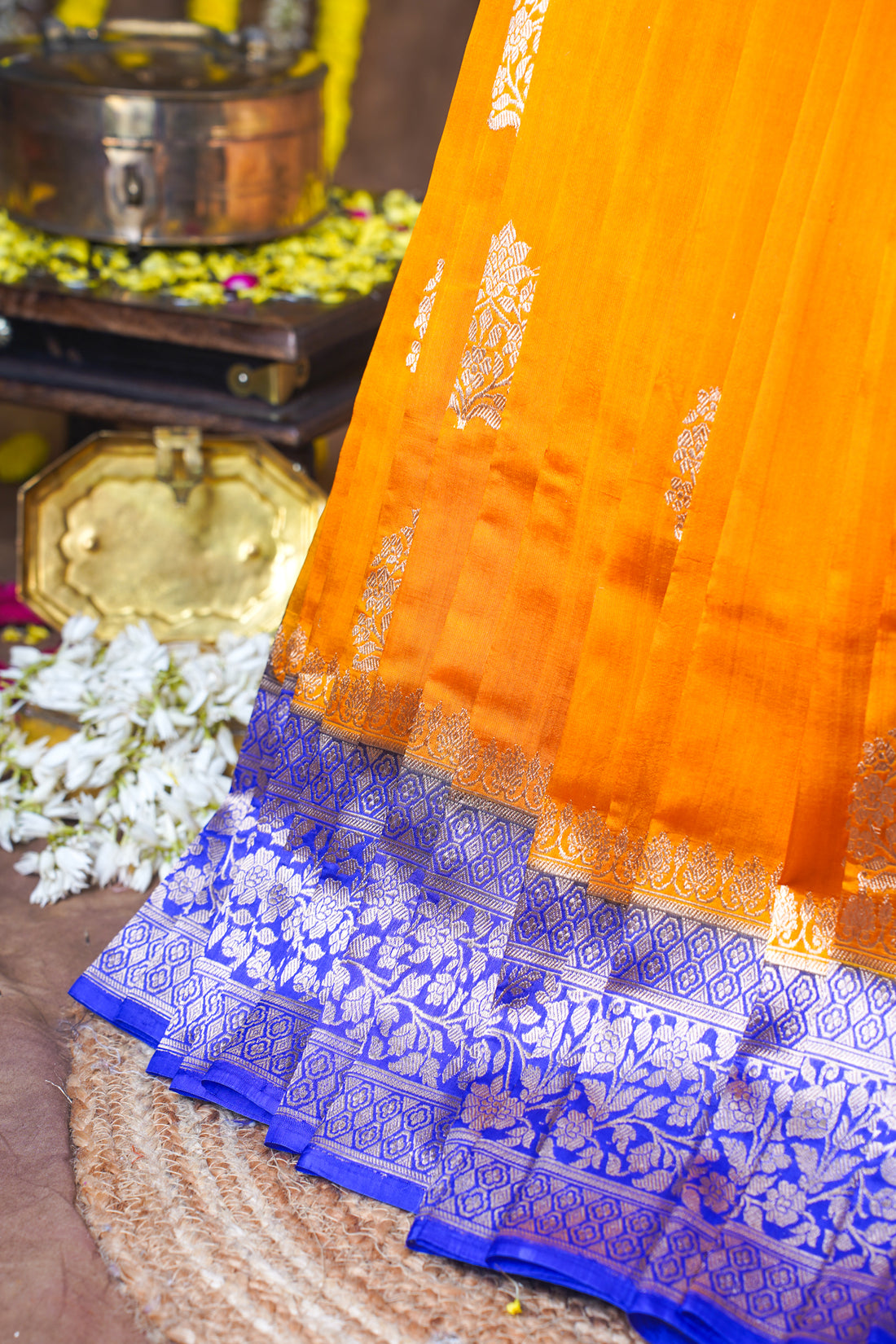 Vibrant Orange Handloom Banarasi Mango Katan Silk Saree