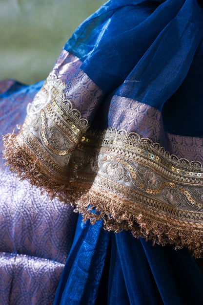 Royal Blue Banarasi Pure Tissue Silk Saree with Sequined Lace Border