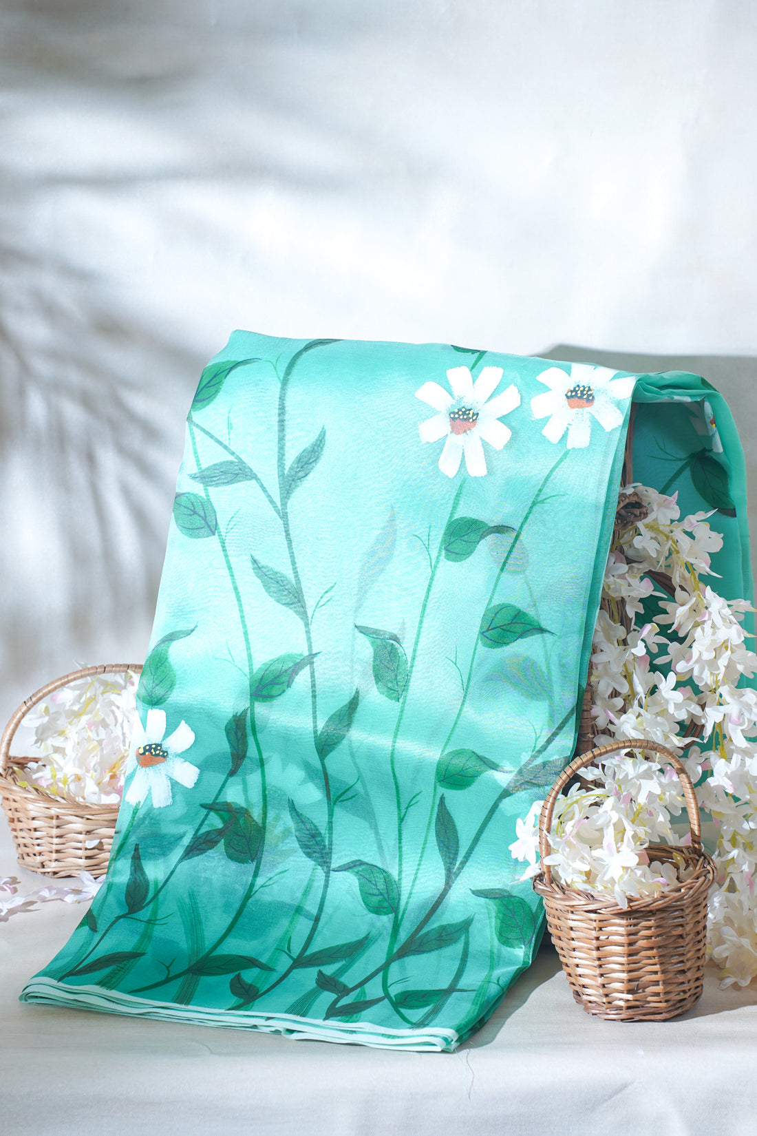 Aqua Green Pure printed Kora organza silk saree
