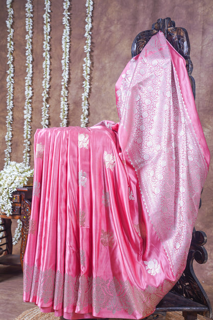 Rose Pink Handloom Mashru Silk Banarasi Saree