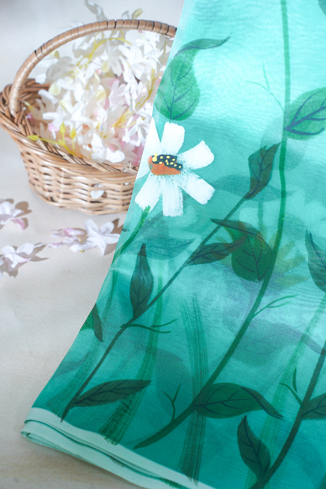 Aqua Green Pure printed Kora organza silk saree