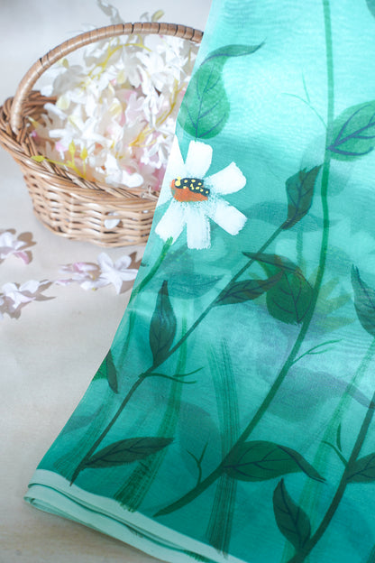 Aqua Green Pure printed Kora organza silk saree