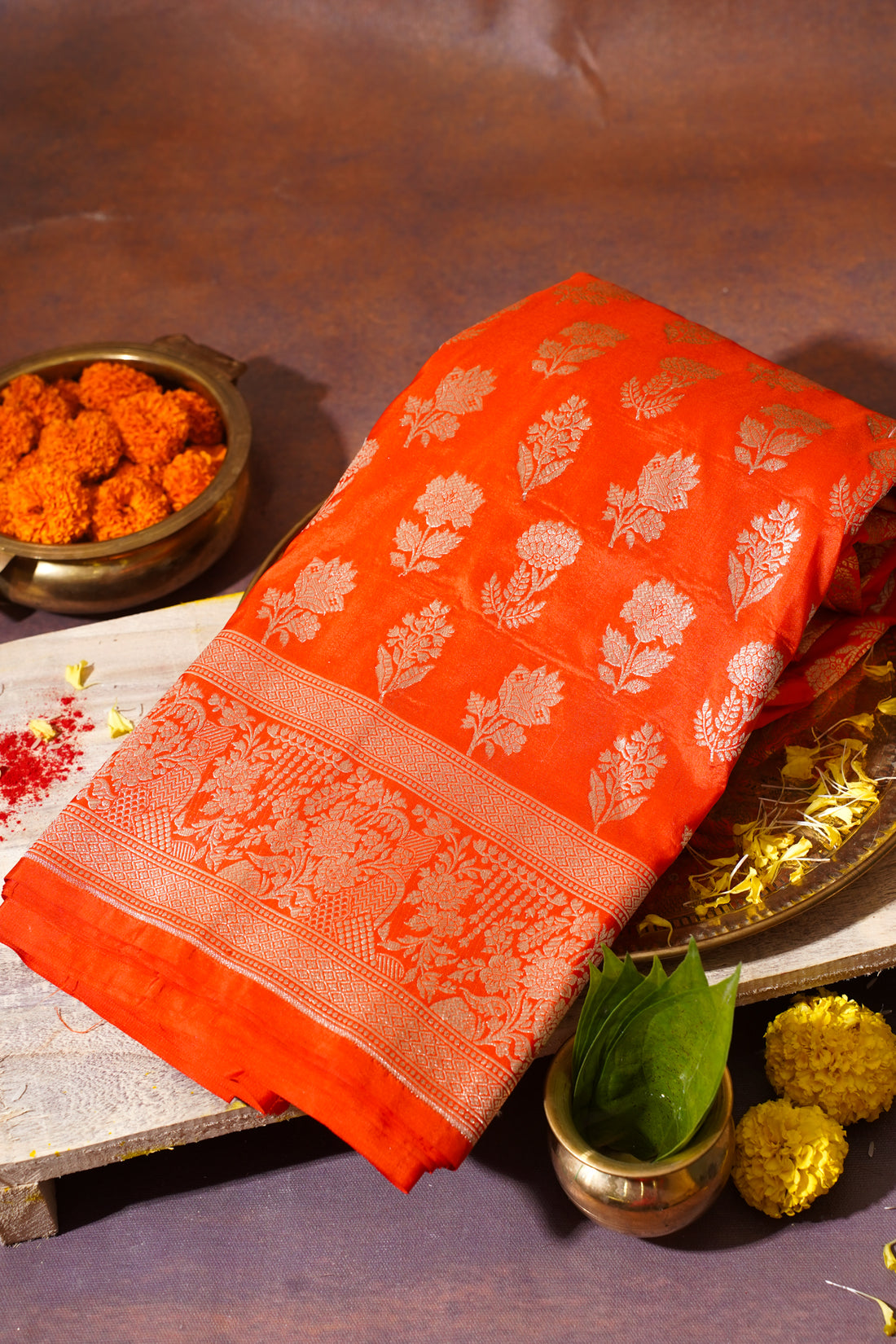 Orange Banarasi Pure Katan Silk Jaal Saree