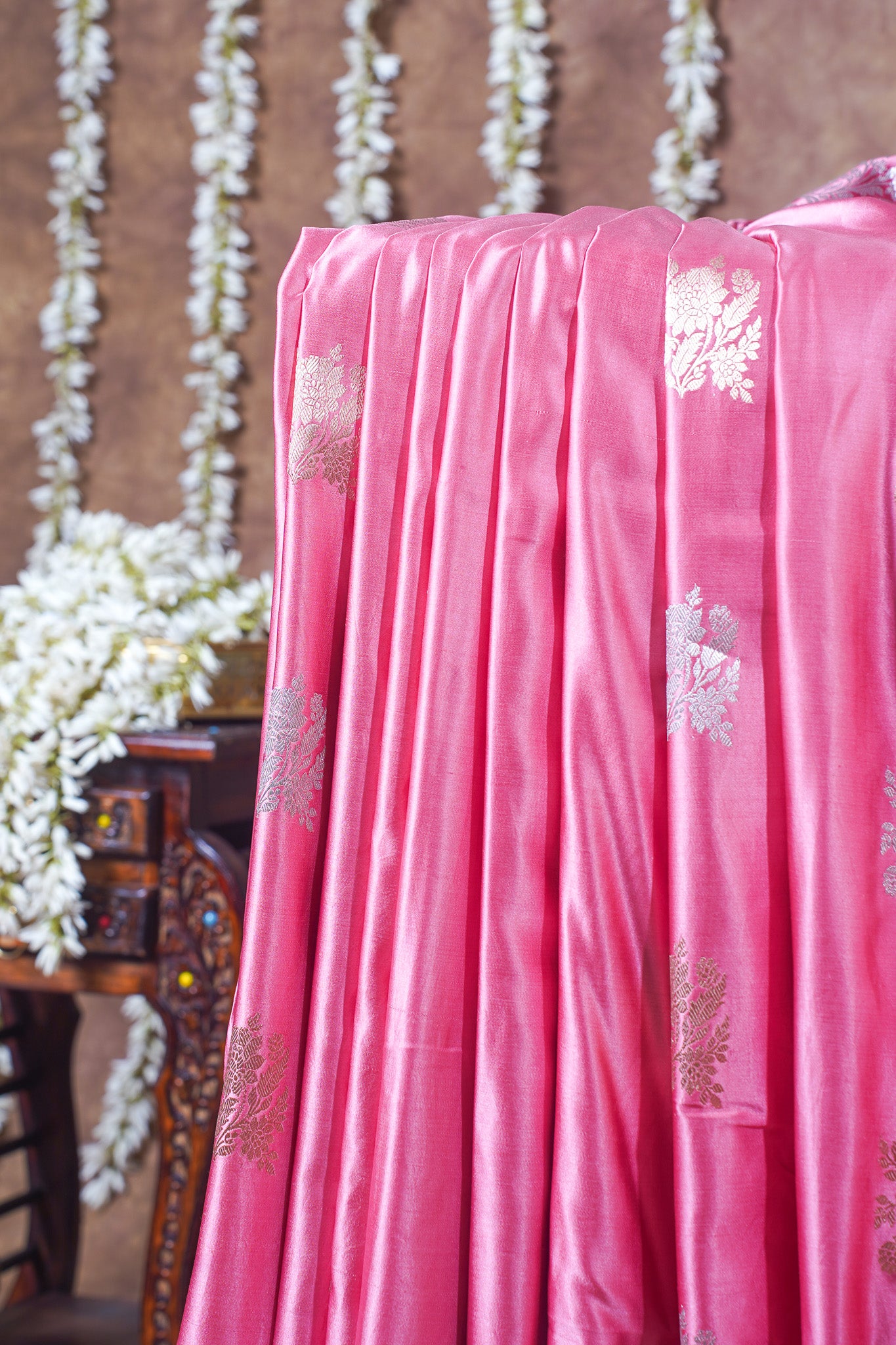 Rose Pink Handloom Mashru Silk Banarasi Saree