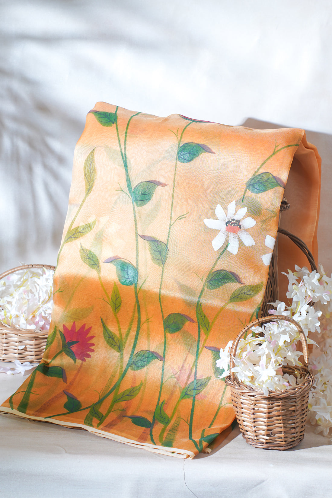 Warm Peach-Orange Pure printed Kora organza silk saree