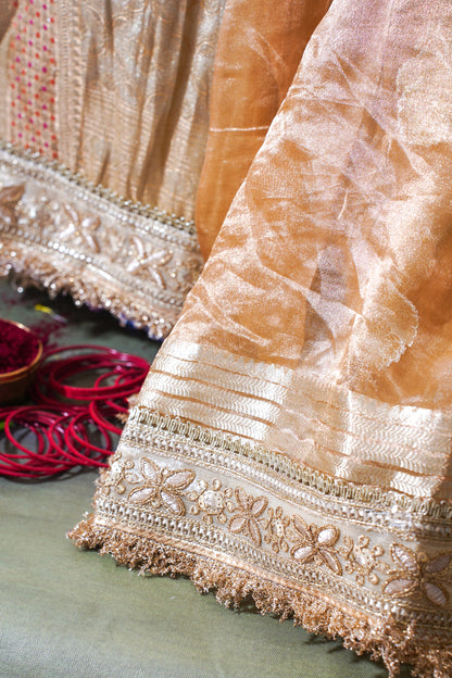 Champagne Gold Pure Tissue Silk Banarasi Saree with Lace Border
