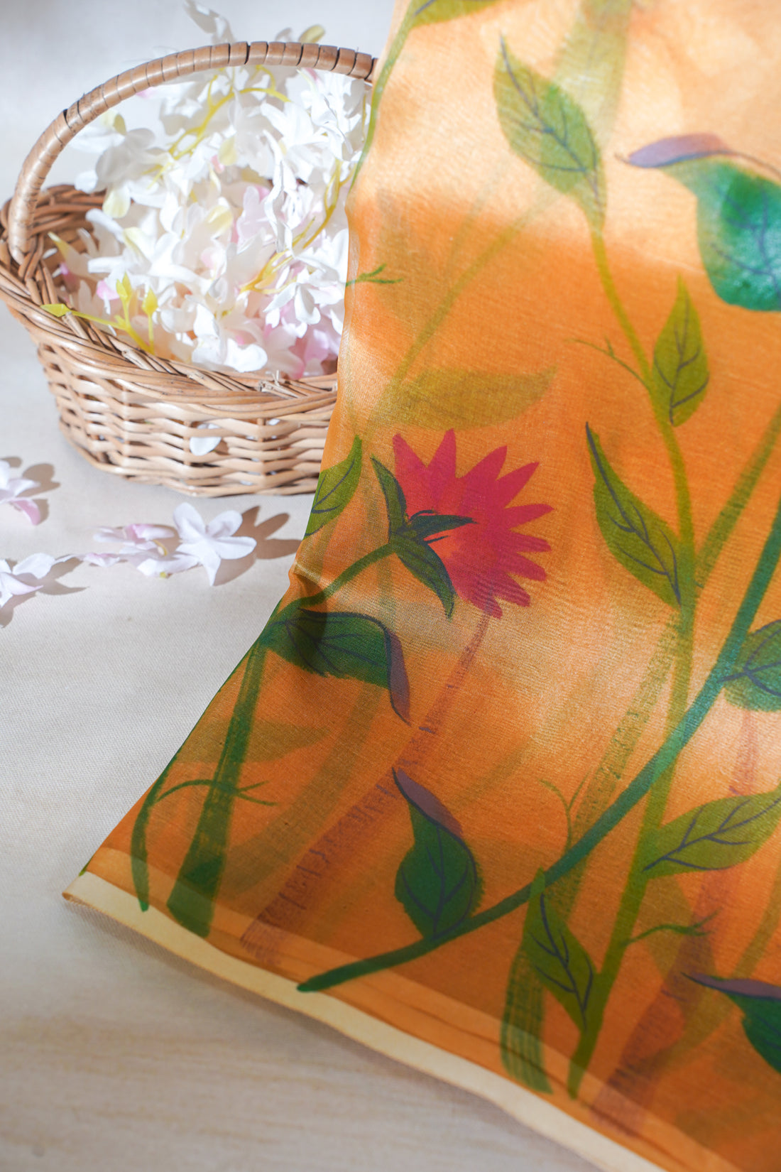 Warm Peach-Orange Pure printed Kora organza silk saree