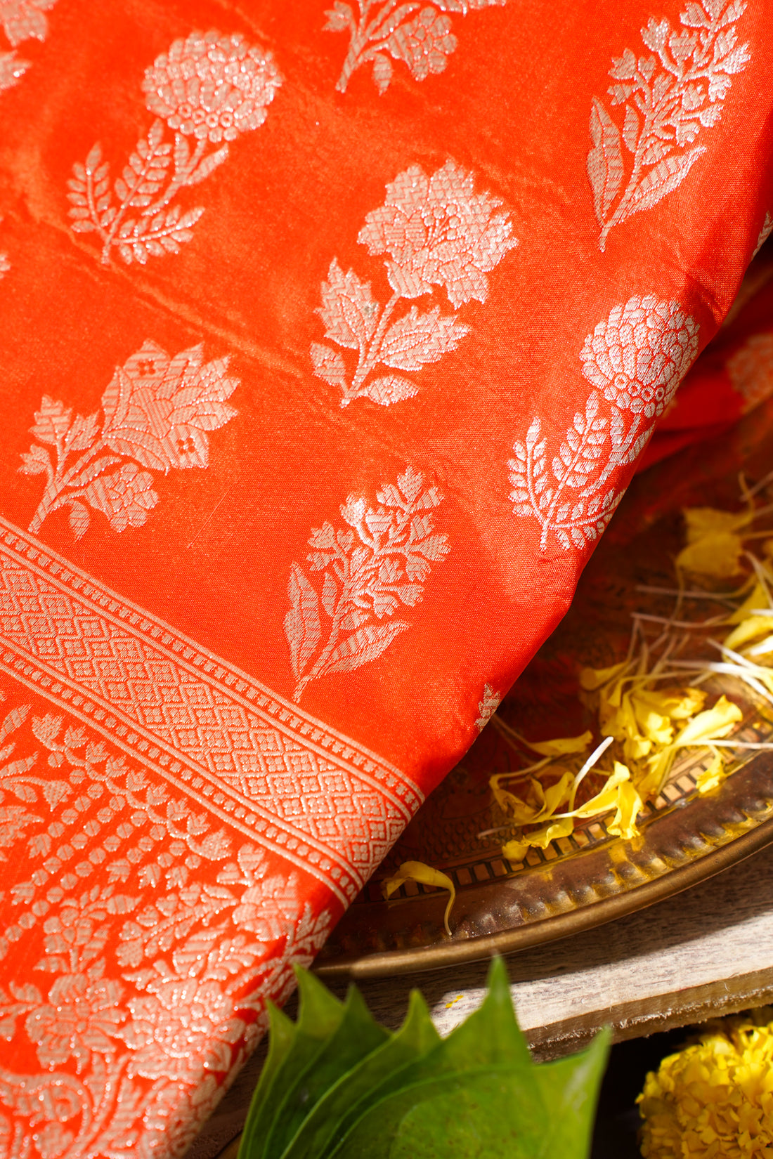 Orange Banarasi Pure Katan Silk Jaal Saree