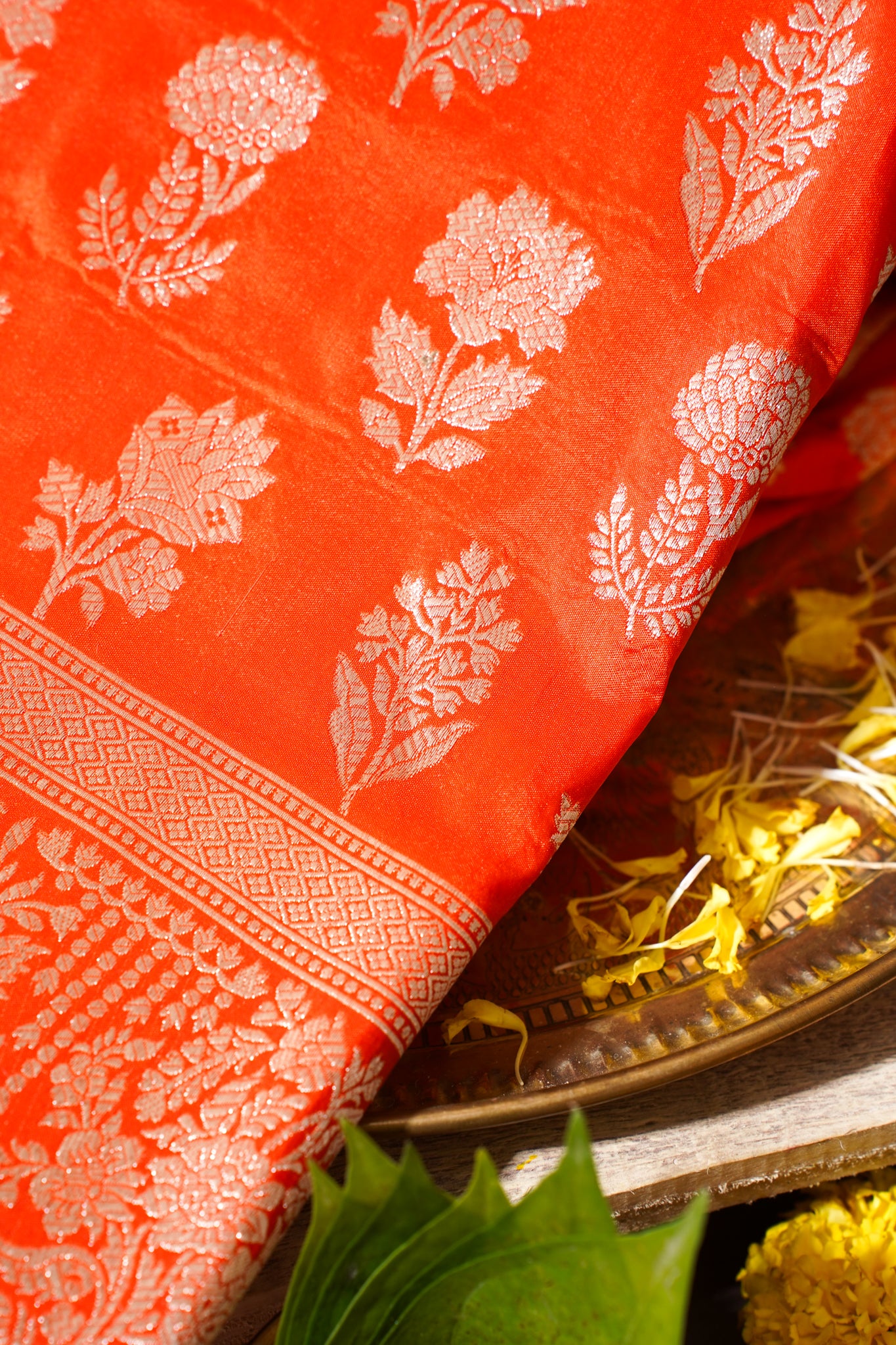 Orange Banarasi Pure Katan Silk Jaal Saree