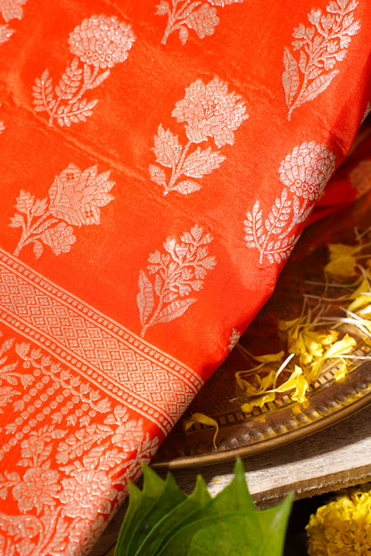 Orange Banarasi Pure Katan Silk Jaal Saree