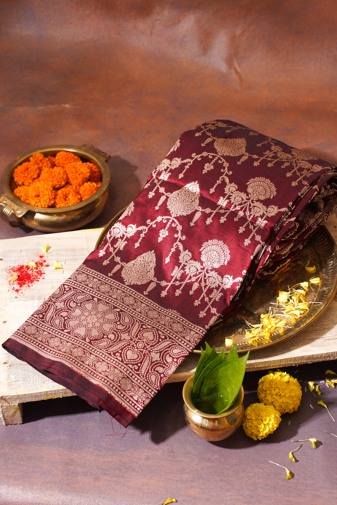 Maroon Banarasi Pure Katan Silk Jaal Saree