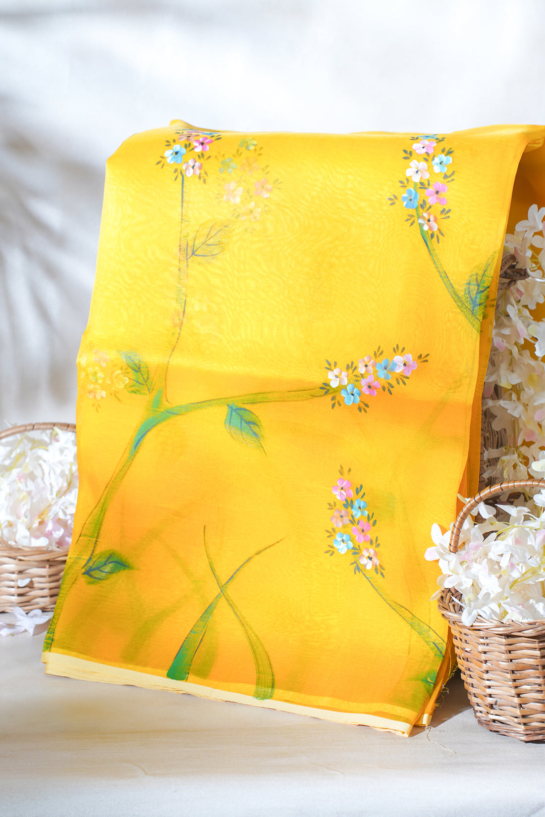 Golden-Yellow Pure printed Kora organza silk saree