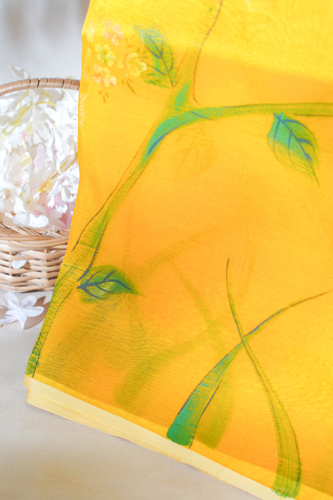 Golden-Yellow Pure printed Kora organza silk saree