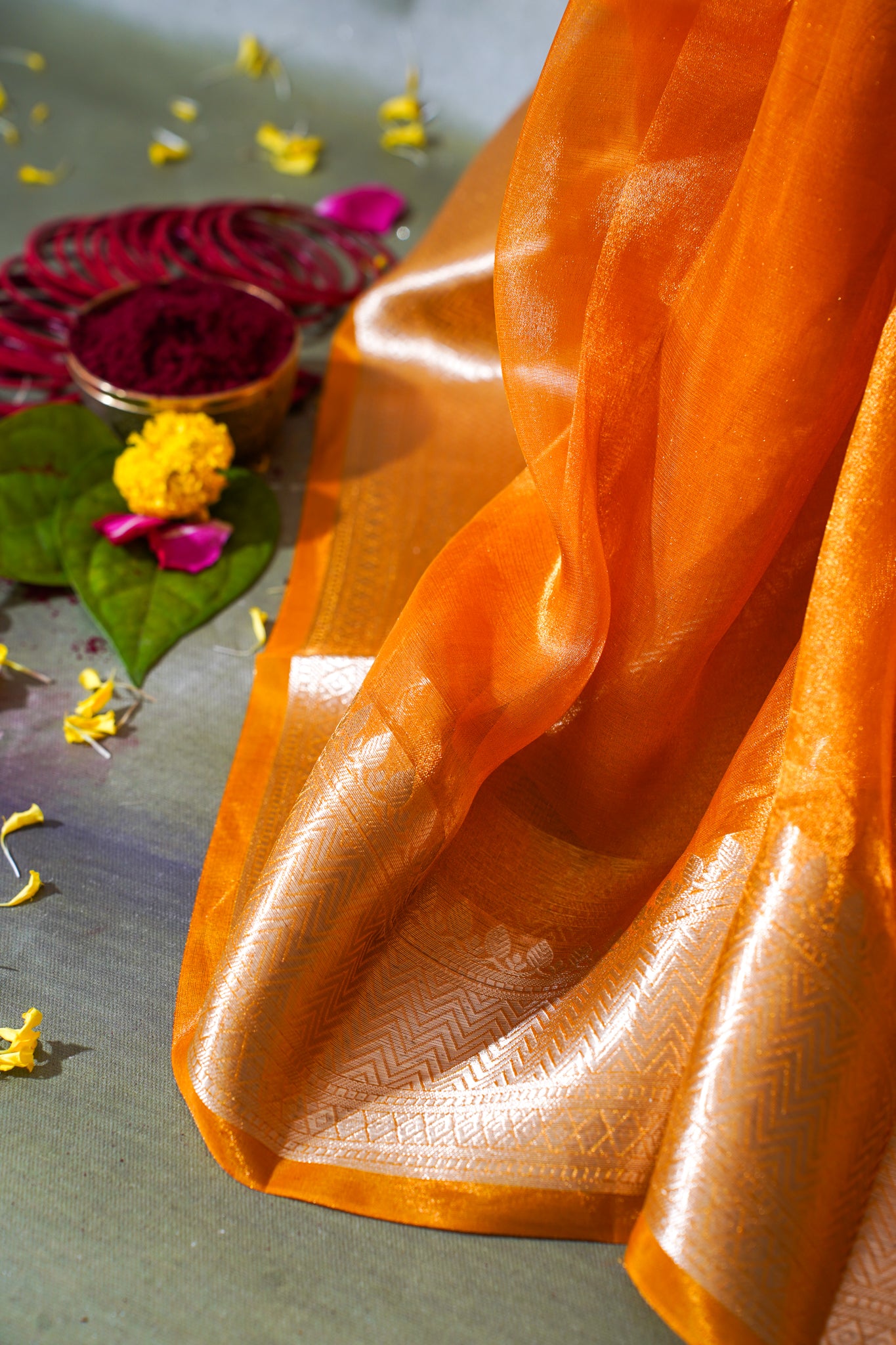 Orange Banarasi Pure Tissue Silk Saree