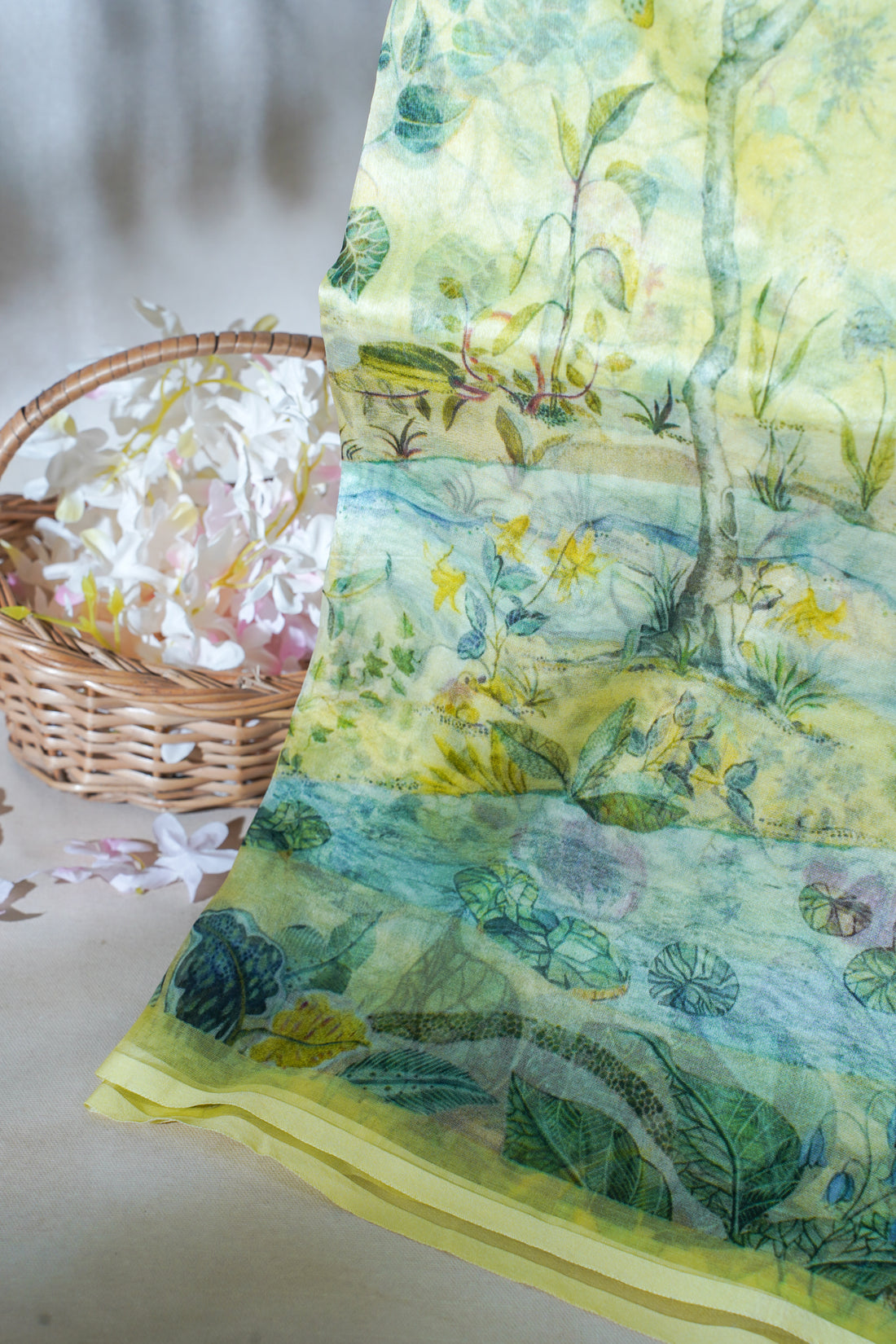 Pastel yellow Pure printed Kora organza silk saree