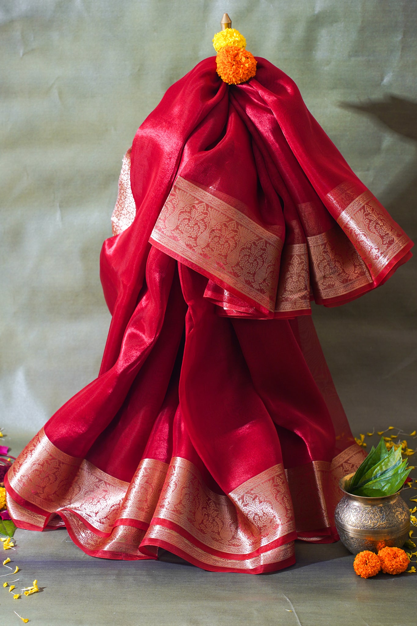Crimson Red Banarasi Pure Tissue Silk Saree