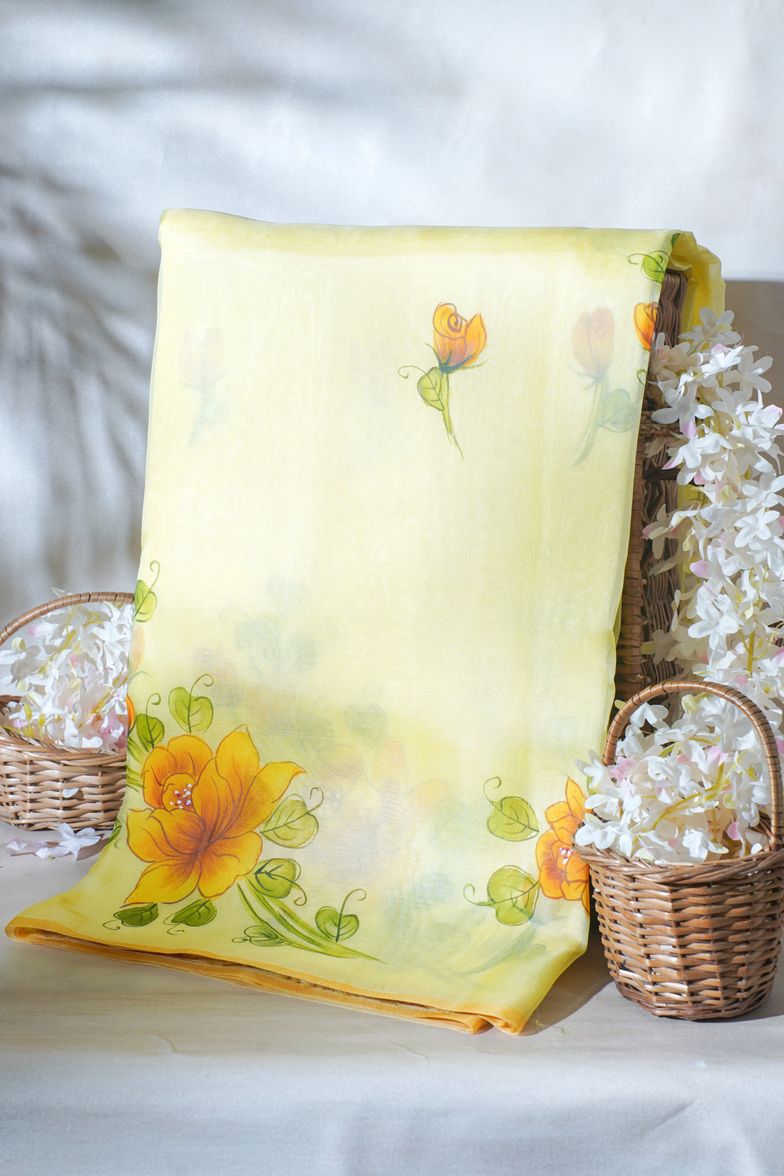 Lemon-Yellow Pure printed Kora organza silk saree