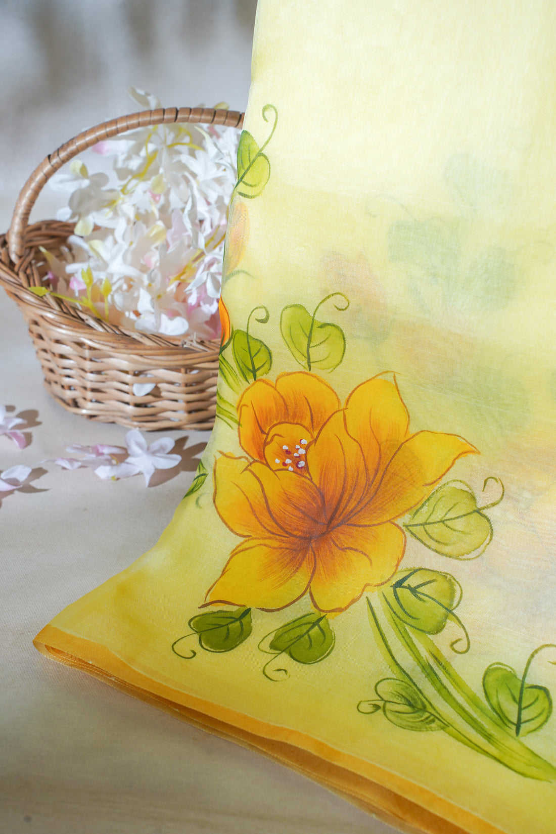Lemon-Yellow Pure printed Kora organza silk saree