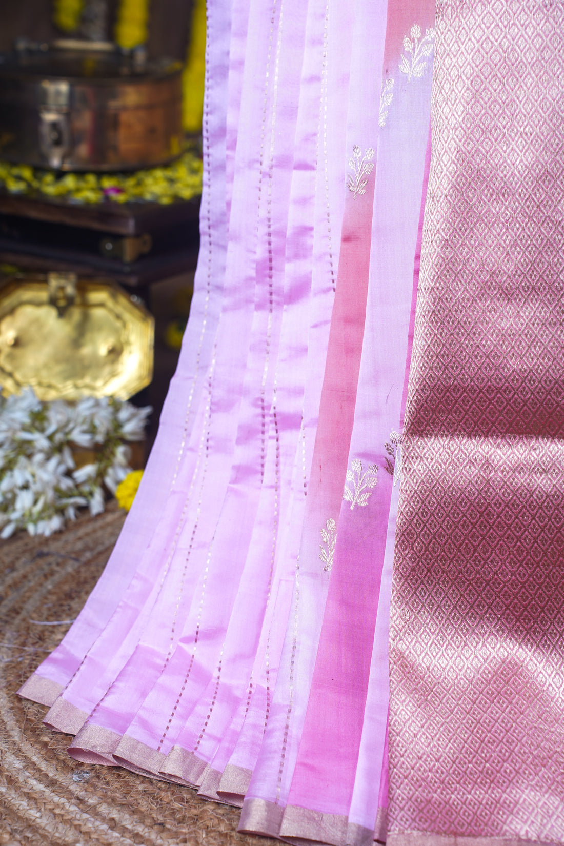 Soft Pink and Ivory Handloom Pure Mango Katan Silk Saree