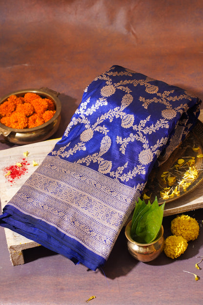 Royal Blue Banarasi Pure Katan Silk Jaal Saree