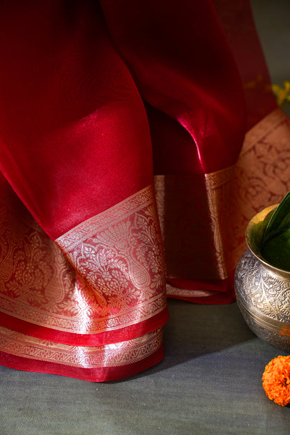 Crimson Red Banarasi Pure Tissue Silk Saree