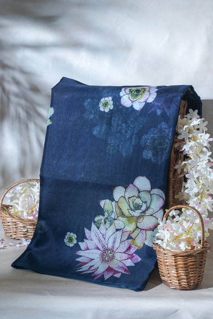 Navy Blue Pure printed Kora organza silk saree