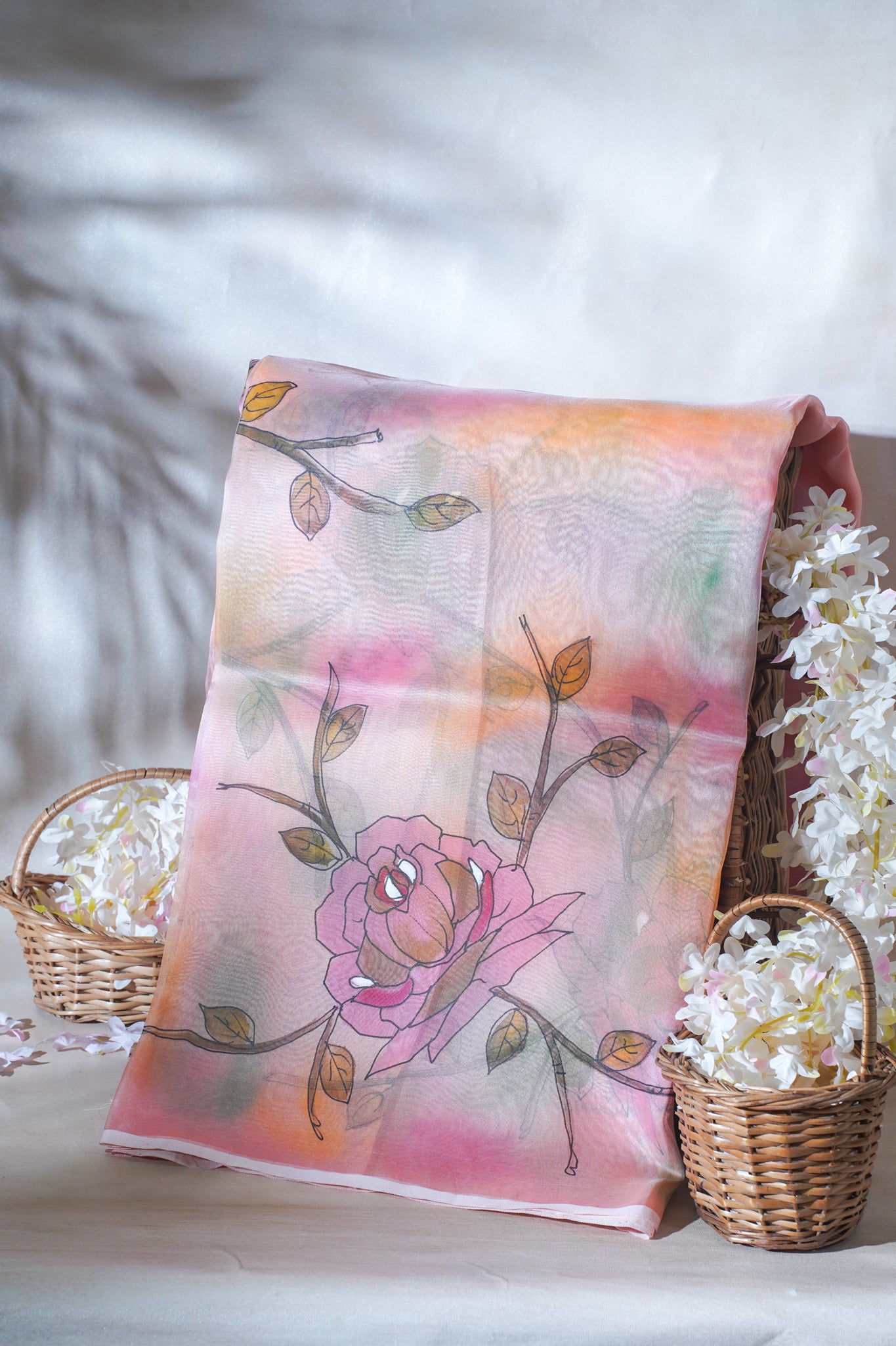 Peach-Pink Pure printed Kora organza silk saree