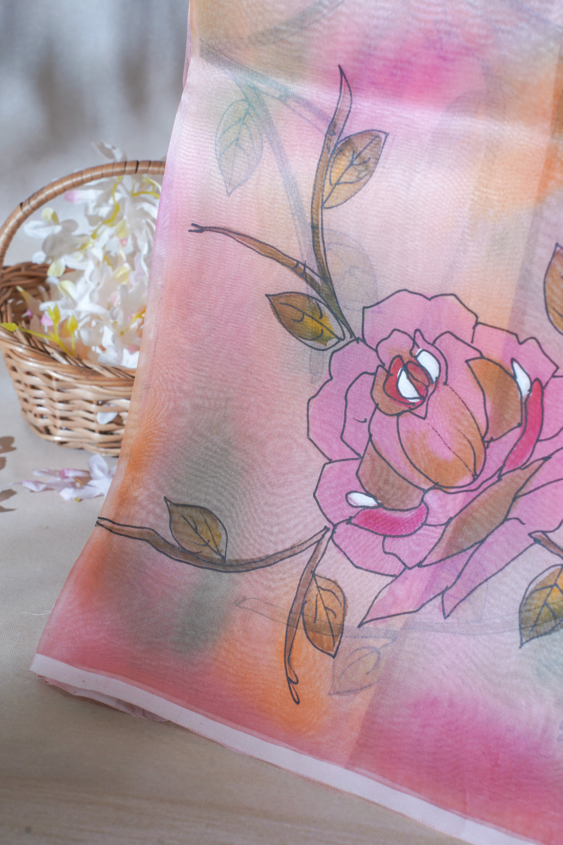 Peach-Pink Pure printed Kora organza silk saree
