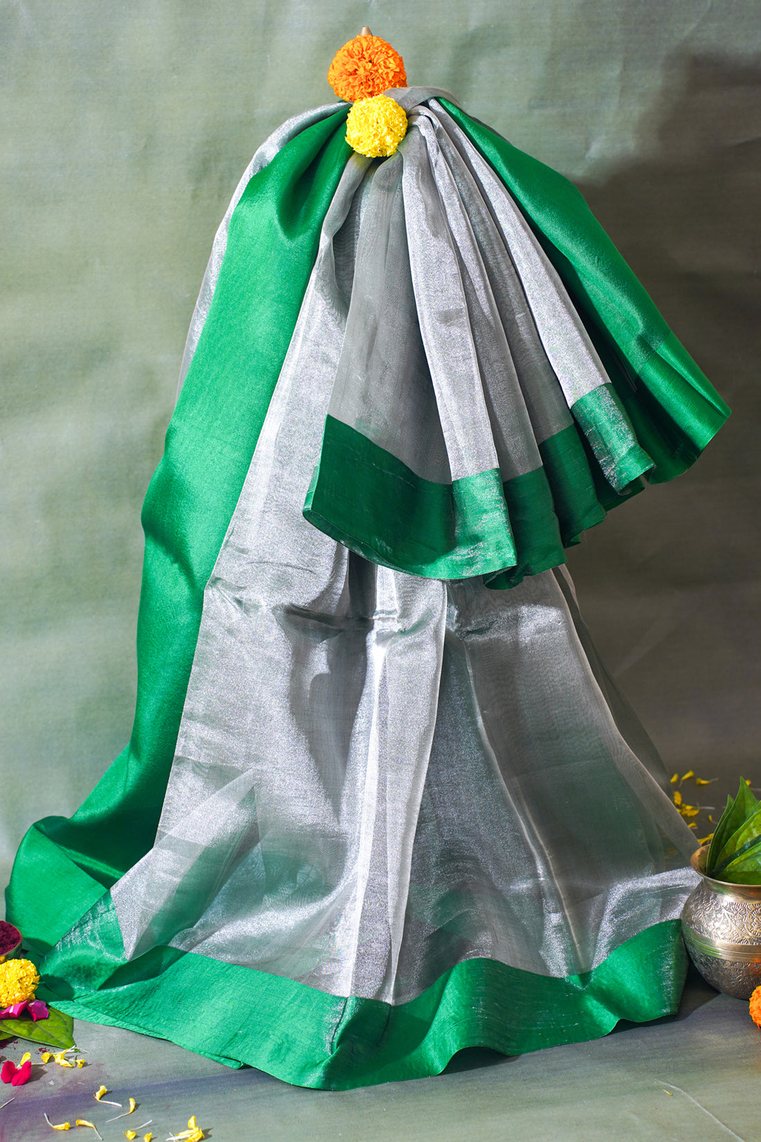Emerald Green Banarasi Tissue Saree with Satin Border