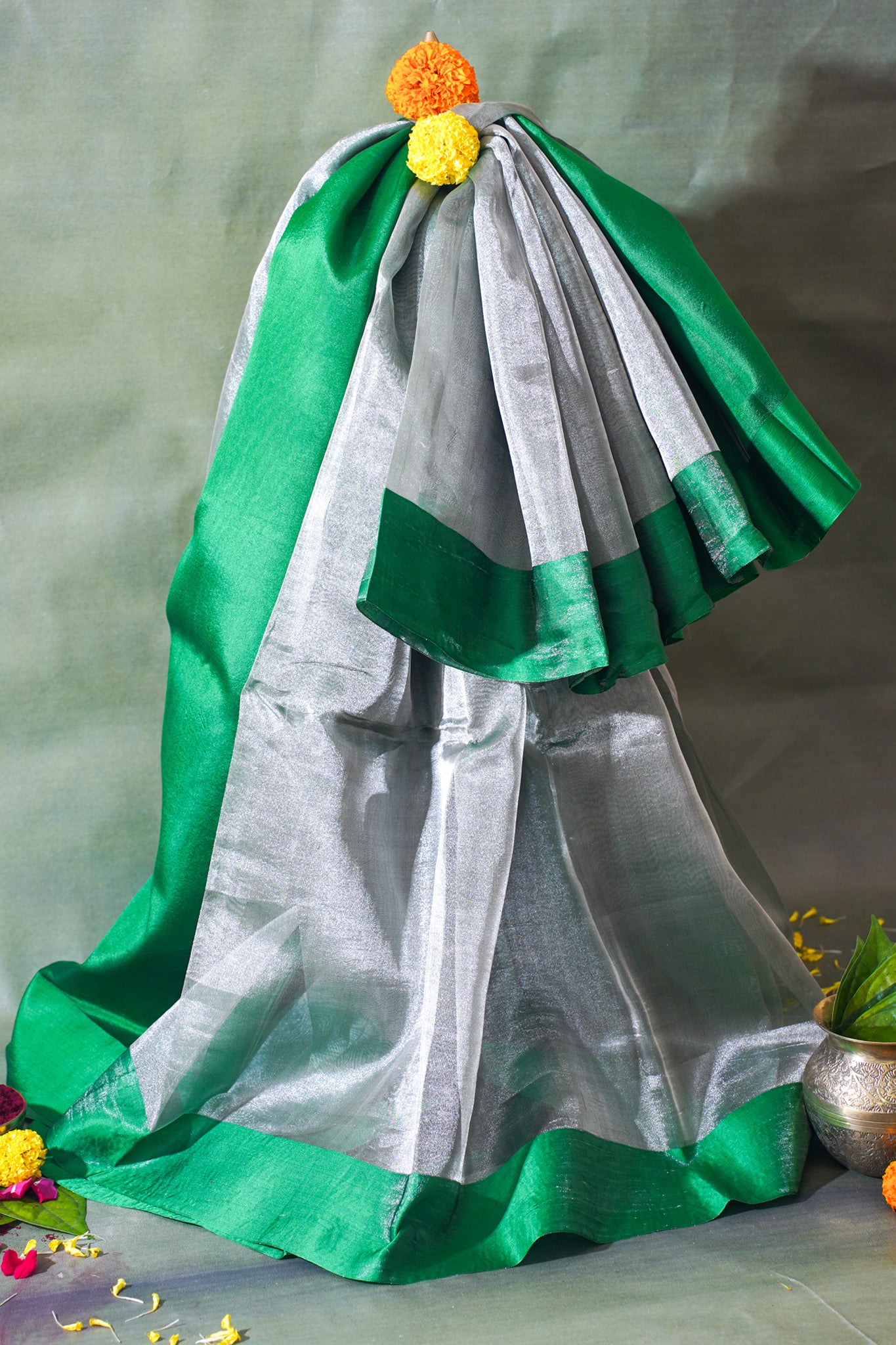 Emerald Green Banarasi Tissue Saree with Satin Border