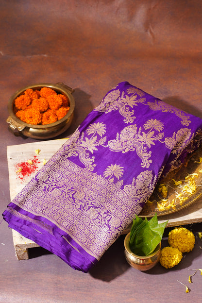 Purple Banarasi Pure Katan Silk Jaal Saree