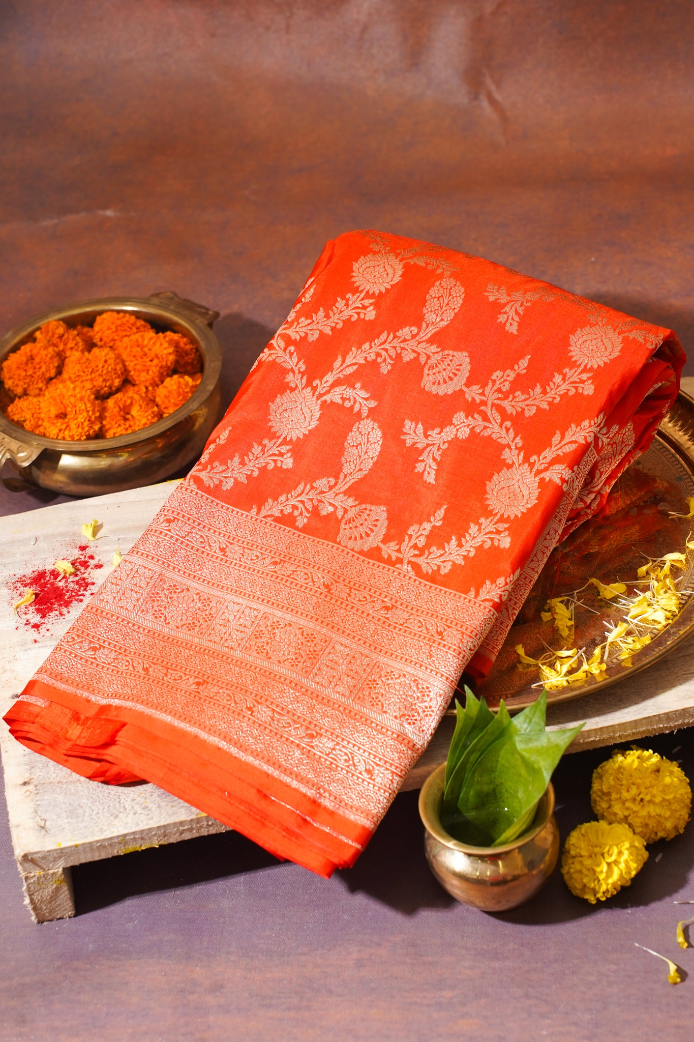 Orange Banarasi Pure Katan Silk Jaal Saree