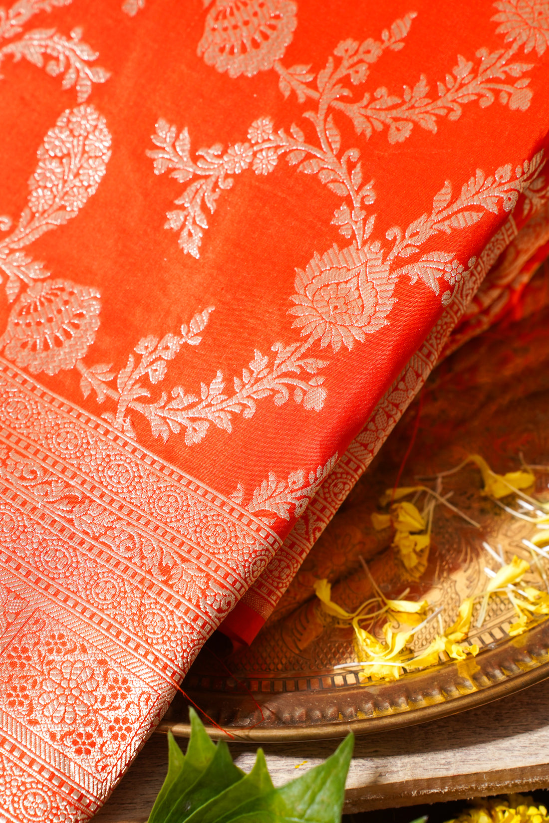 Orange Banarasi Pure Katan Silk Jaal Saree