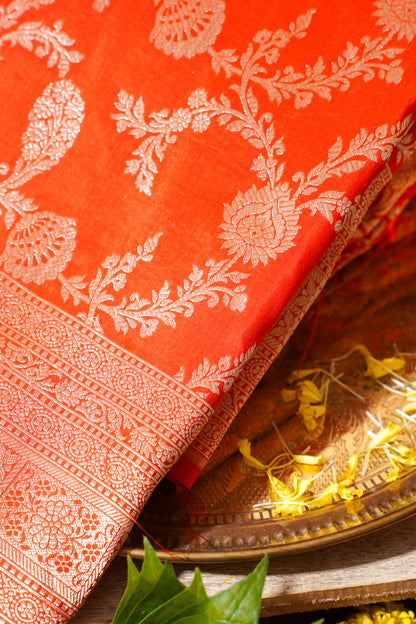 Orange Banarasi Pure Katan Silk Jaal Saree