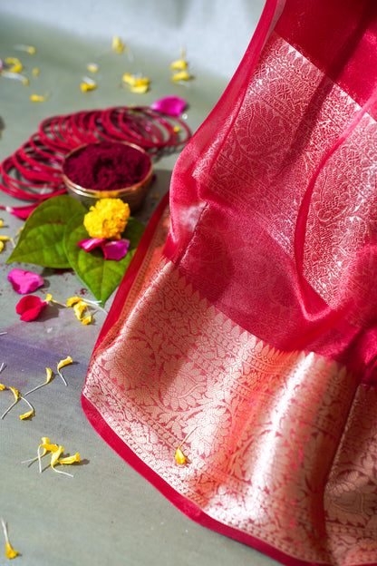 Rani Pink Banarasi Pure Tissue Silk Saree
