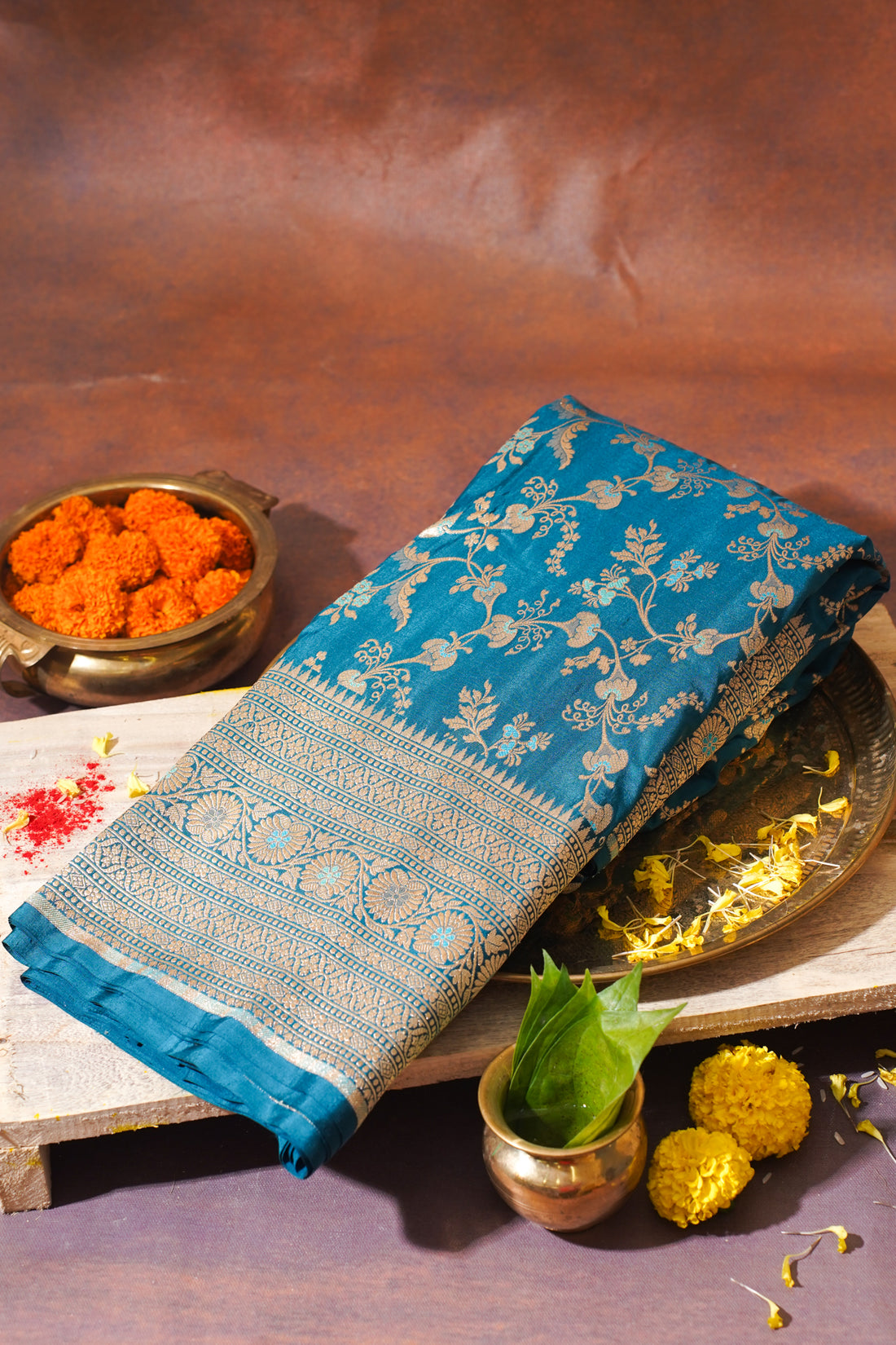 Teal Blue Banarasi Pure Katan Silk Minakari Jaal Saree