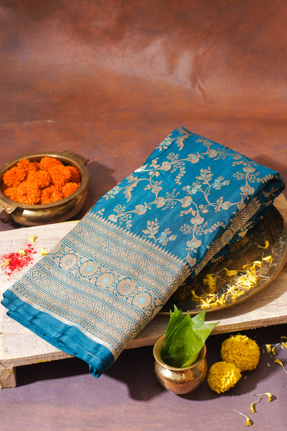 Teal Blue Banarasi Pure Katan Silk Minakari Jaal Saree
